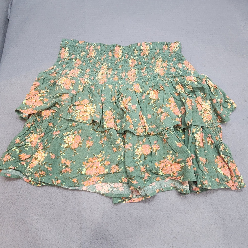 Aerie Ruffle Tiered Mini Skirt Sage Green Floral Smocked Waist Womens Large